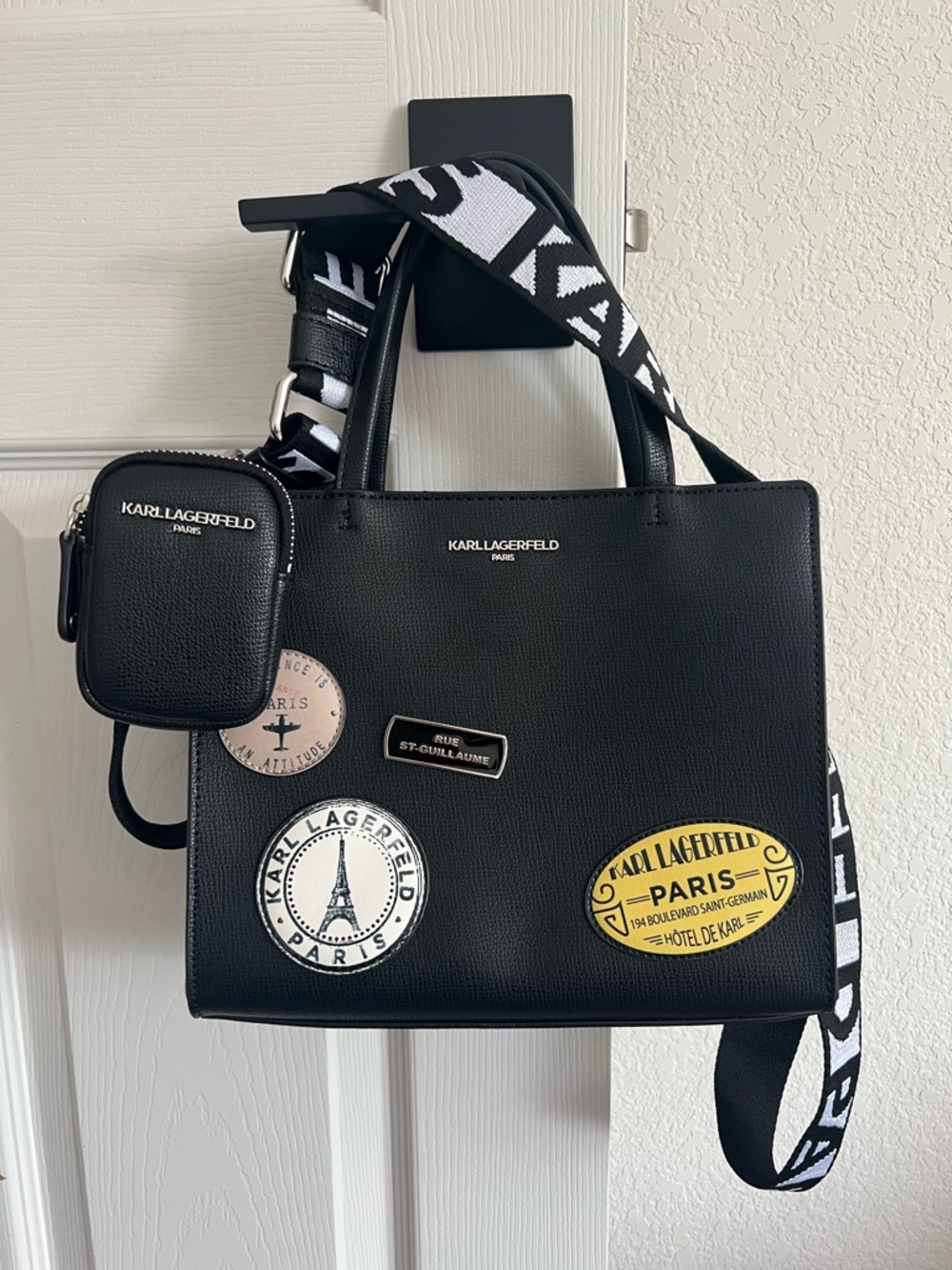 Karl Lagerfeld Black Leather Shoulder Bag with Patch Accents